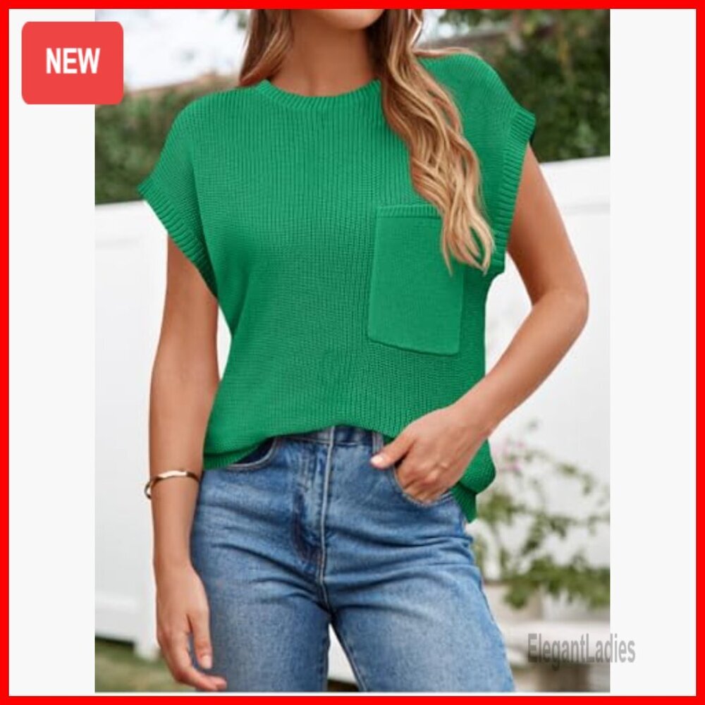 Short Sleeve Ribbed Knit Sweater Vest Crew Neck Pullover Top - Picture 2 of 7